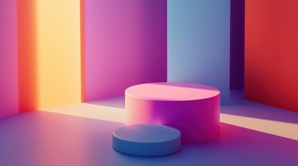 Abstract scene with soft pink and purple light illuminating a minimalist podium and smooth geometric shapes.
