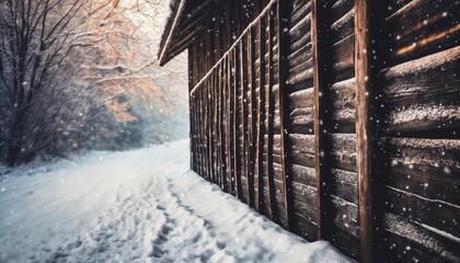 wooden house in the forest, on a winter night, it's snowing