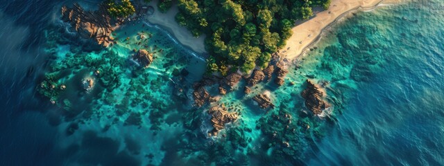 Fototapeta premium Islands with pristine white sand beaches and crystal clear blue waters, this scene is illuminated by the sunlight during sunset.