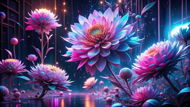 futuristic botanicals with glitching flower petals and neon pink accents in a world of digital excess and post-human beauty