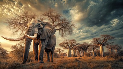 Elephant Standing in Front of a Baobab Tree Grove at Sunset