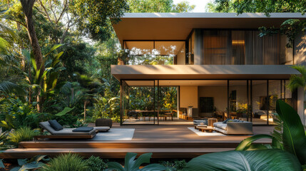 modern house, glass facade, wooden deck, tropical garden, zen garden, outdoor furniture, contemporary architecture, realistic lighting, vibrant green foliage, minimalistic design, ultra-realistic phot