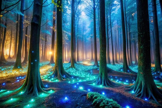 ethereal otherworldly glowing psf fiber bioluminescent forest
