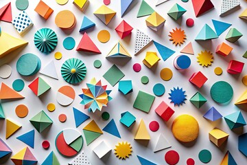 Fototapeta premium whimsical geometric paper cutouts with bold colors and playfully scattered lines against a clean white background with subtle shadows