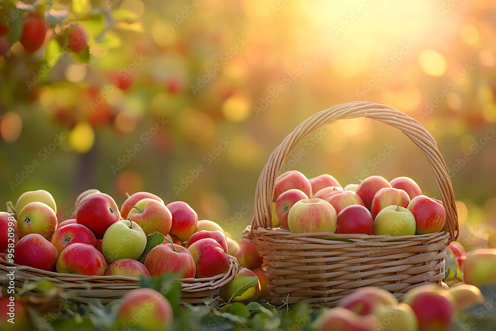 Wall mural Autumn Apple Harvest in Orchard for Cider Production Under Sunset