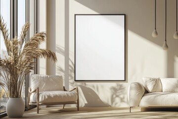 Poster Frame in Beige minimalist living room interior created with generative AI