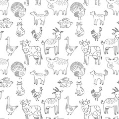 Seamless pattern with hand drawn farm animals. Doodle illustration.