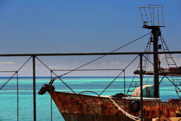 Rusty old fishing ships docked beside El Cabo Restaurant, Cabo Cruz village at the SW tip of the island in the Granma Landing Park. Niquero-Cuba-415