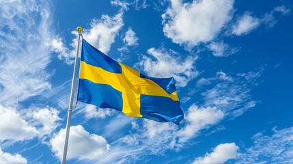 A blue and yellow flag with a yellow stripe flying in the sky