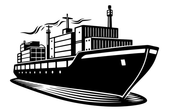 black and white cargo ship on the water clip art preview