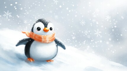 Fototapeta premium Cute penguin in the snow wearing a scarf.