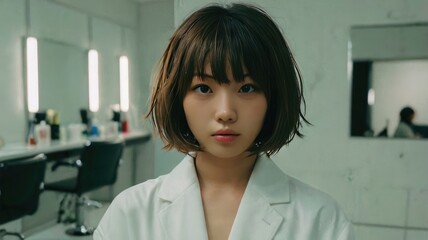 Obraz premium Japanese Female Young Model. Hair Salon. Medium Hair Style