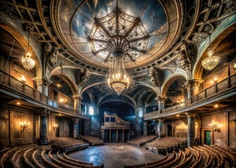 Obraz premium Abandoned Haunted Luxury Theater Cobweb-Covered Chandeliers Creepy Portraits Dim Lighting Forgotten Elegance