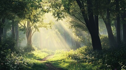 Fototapeta premium Sunbeams Illuminating a Path Through a Lush Forest