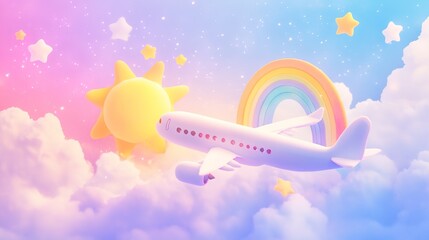 Naklejka premium Plush Airplane Soaring in the Sky Surrounded by Plush Sun, Clouds, Rainbow, Stars, and Nebulae. The Scene Features Handcrafted Details, Color Gradients, and a Warm Plush Art Style with Soft Interplay 