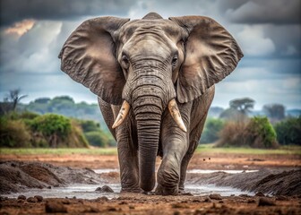 a photo image of a massive gray elephant with a scowl on its face, ears flapped back, and trunk curled in a snarl, standing in a muddy terrain