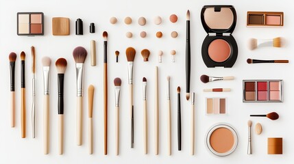 A neatly arranged collection of makeup brushes and cosmetics displayed on a white surface for a beauty tutorial or product showcase