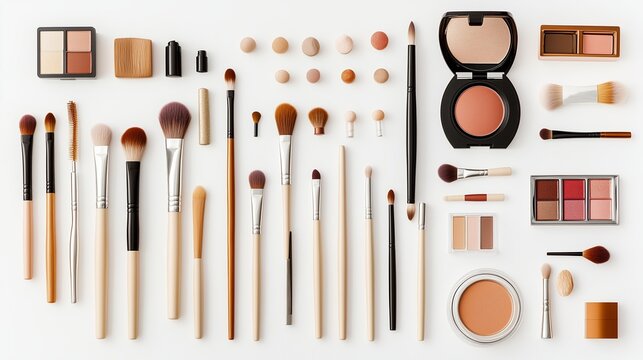 A neatly arranged collection of makeup brushes and cosmetics displayed on a white surface for a beauty tutorial or product showcase