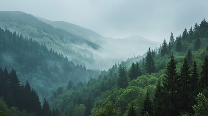 A lush green forest with a misty, foggy atmosphere