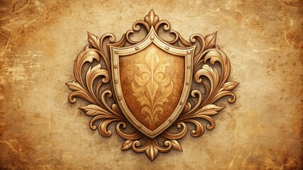 Vintage style shield icon with ornate details and worn texture on a distressed beige background evoking nostalgia and reliability through warm colors and subtle shadows.