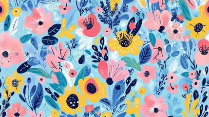 A pastel floral pattern featuring soft blue, pink, and yellow flowers, set against a light blue background, creating a serene and delicate aesthetic.