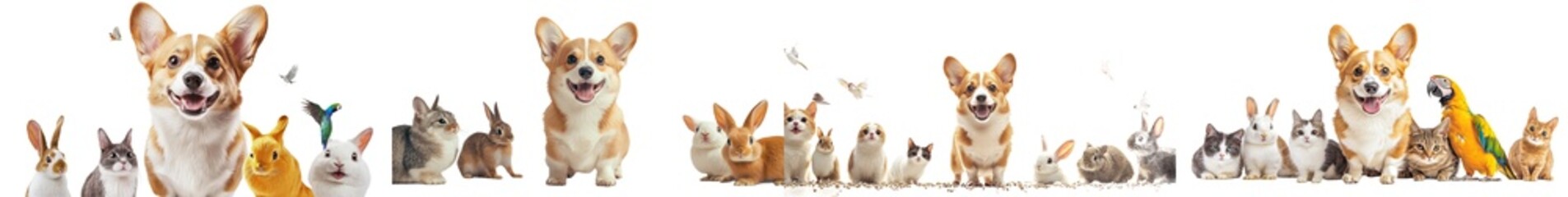 Obraz premium Isolated on a white background, a group of pets are gathered around a white banner