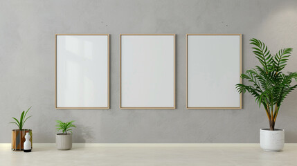 Fototapeta premium Real photography mockup of three empty poster frames, portrait 3:4 ratio, on a light gray wall in a modern office, ambient light. 32k, full ultra HD, high resolution