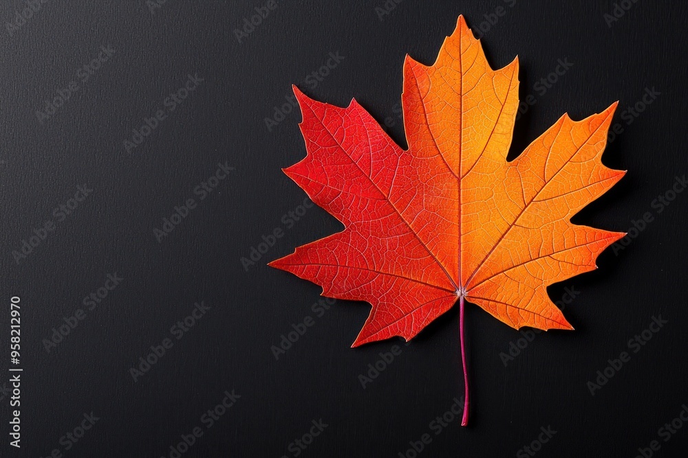 Wall mural a single vibrant autumn maple leaf against a dark backdrop.