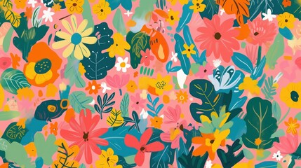 A vibrant floral pattern featuring bold leaves and bright flowers in various colors, set against a warm pink background.