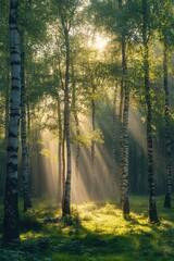 Fototapeta premium Serene Forest with Sun Rays and Mist