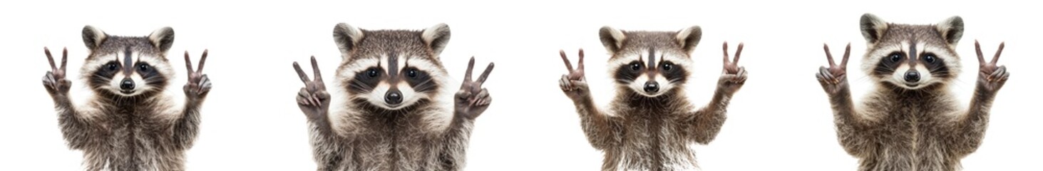 Fototapeta premium On a white background, a funny raccoon is showing a peace sign