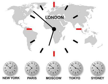 World clocks. newyork paris london moscow tokyo sydney time on watch, international clock design for icon wallpaper background and business. vector illustration.