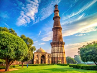 Obraz premium Delhi's majestic Qutub Minar standing tall amidst clear blue skies, lush greenery, and warm sunlight, highlighting India's rich cultural heritage.