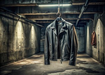 industrial metal hanger suspends edgy leather jacket amidst concrete textures and urban grit in a dark, moody underground setting with rebelling attitude