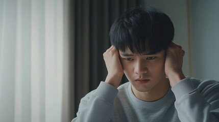 A young man sits with his hands on his head, looking distressed while facing a window in a softly lit room during the day