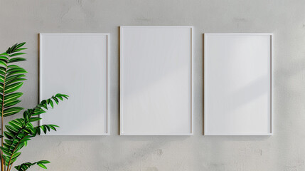 Three plain empty poster frames, portrait 3:4 ratio, closeup mockup on a light gray painted wall in a modern office, ambient light. 32k, full ultra HD, high resolution