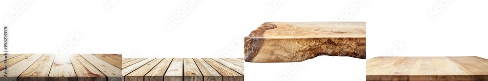 Poster The image shows an empty wood table with a product display montage on an isolated white background.