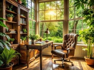 Obraz premium cozy home office warm natural light pouring in through window lush greenery outside comfortable worn leather chair scattered papers and books