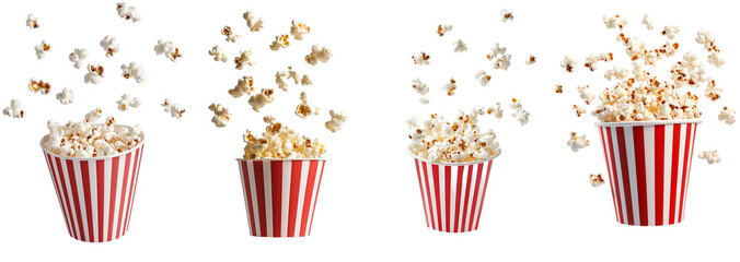 In a white background, falling popcorn is seen in a box.