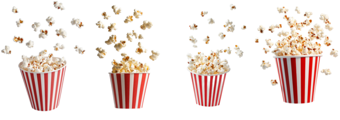 In a white background, falling popcorn is seen in a box.