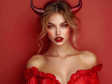 Captivating Devil Horned Woman in Alluring Red Costume for Halloween - Powered by Adobe