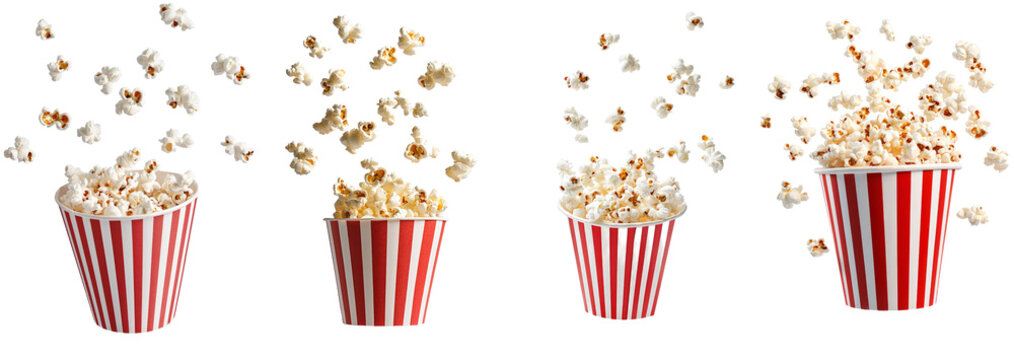 In a white background, falling popcorn is seen in a box.
