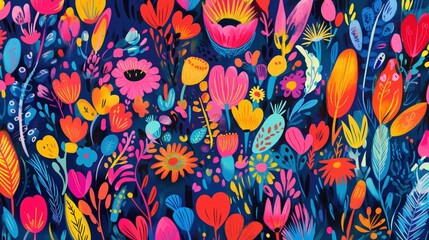 A colorful pattern featuring a variety of bright flowers and leaves, arranged in a whimsical and vibrant garden scene on a dark background.