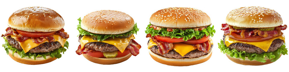 On a white background, a big fresh burger is topped with cheese and bacon