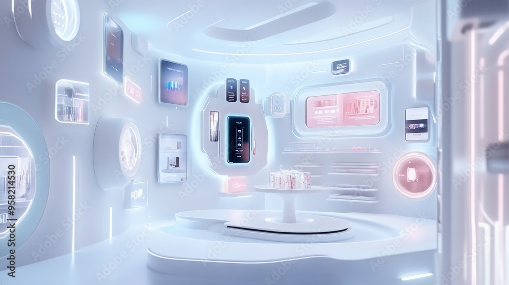 Poster futuristic white room with interactive screens and a circular platform
