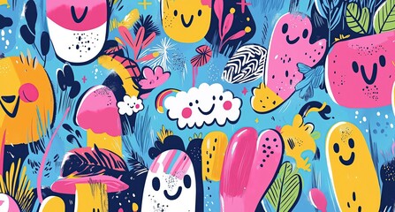 A playful composition of whimsical characters, abstract shapes, and vibrant elements in bright colors on a blue background.