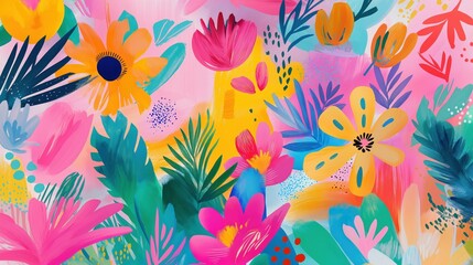 A bright and lively floral composition featuring bold colors and organic shapes, creating a playful and cheerful pattern.