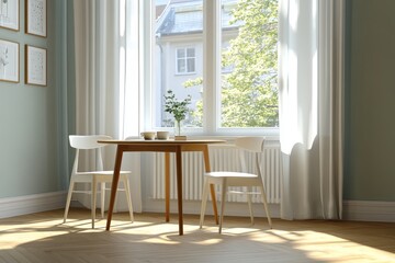 Sunlit Room Interior With Round Dining Table, Two Chairs, Green plant And View Through Large Window.