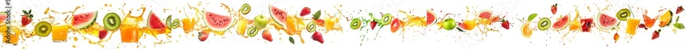 Sticker White background with mixed fruit falling into juices