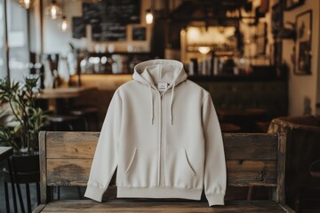 A beige zip-up hoodie displayed on a wooden bench in a cozy caf? setting.